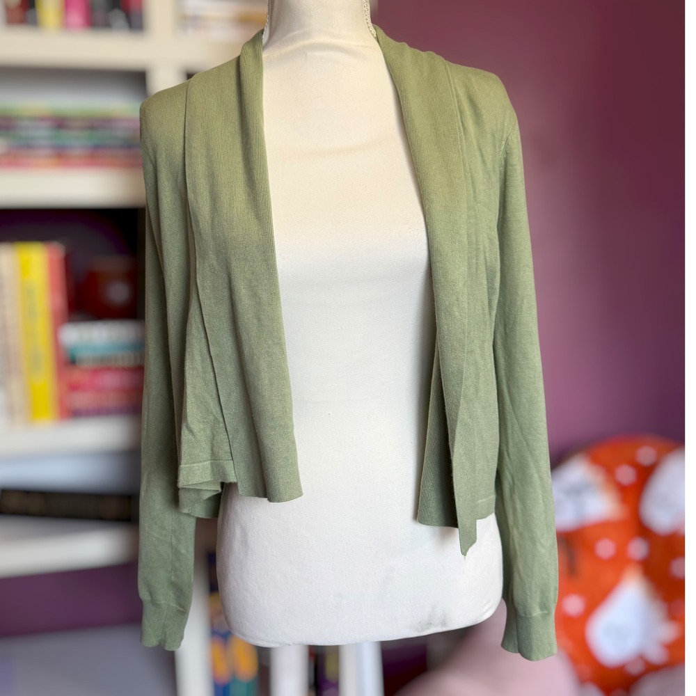 Cyrus Sage Green Open Front Cardigan XS Draped Waterfall Knit Sweater Cropped